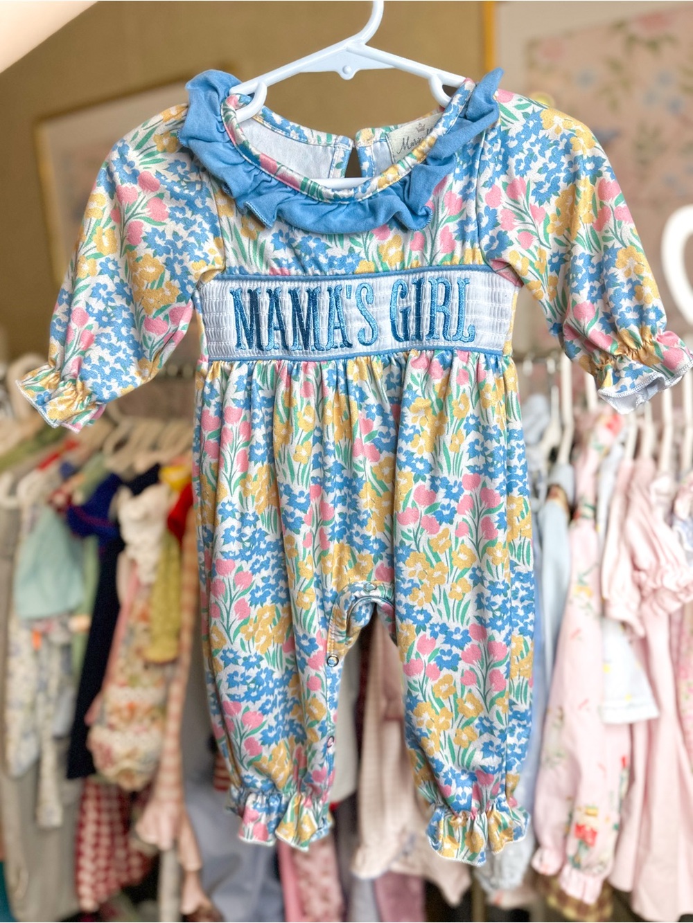 "Mama's Girl" Blue Floral Smocked Baby One-Piece Bodysuit